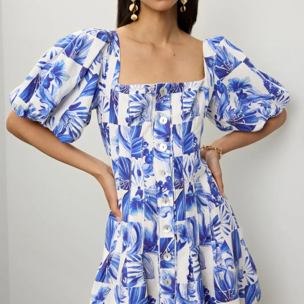 FARM Rio Garden Tiles Linen Mini Dress NWOT.